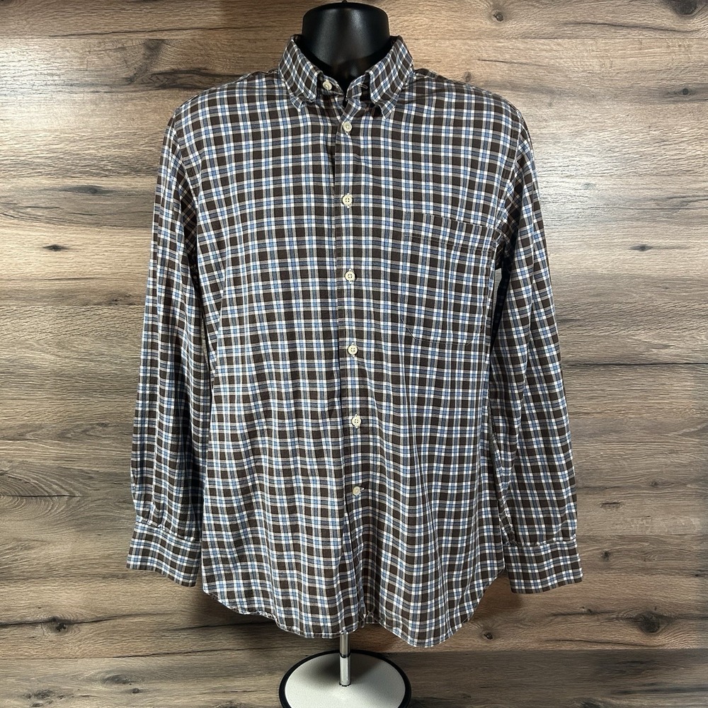 Corneliani‎ Casual Button Down Shirt Size Large In Blue Plaid Cotton